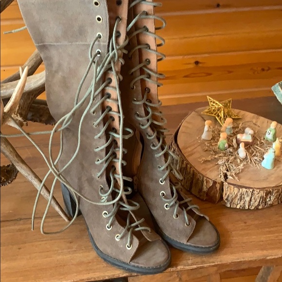 Taupe Suede lace up high boot. - Picture 2 of 3